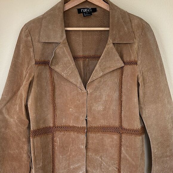 Vintage brown Distressed Suede Leather Crochet coat Jacket Y2K womens‎ medium - Picture 4 of 12